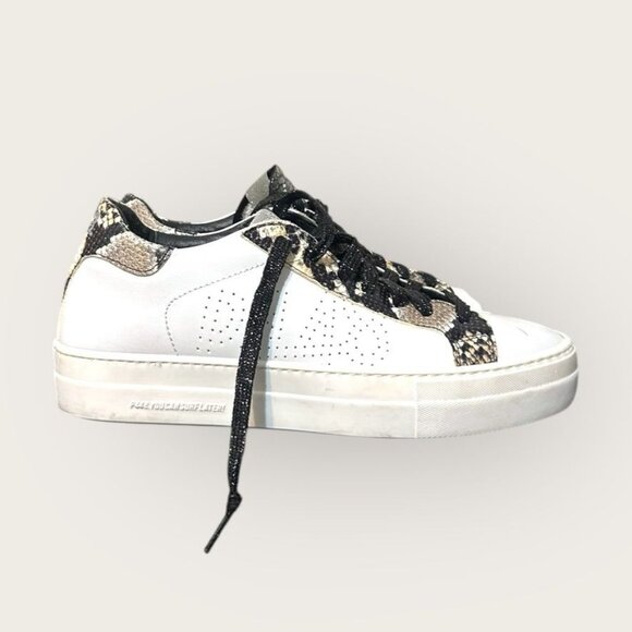 P448 Thea Platform Sneaker 41 US 10.5 White Leather Snakeskin Trim EUC Women - Picture 1 of 10